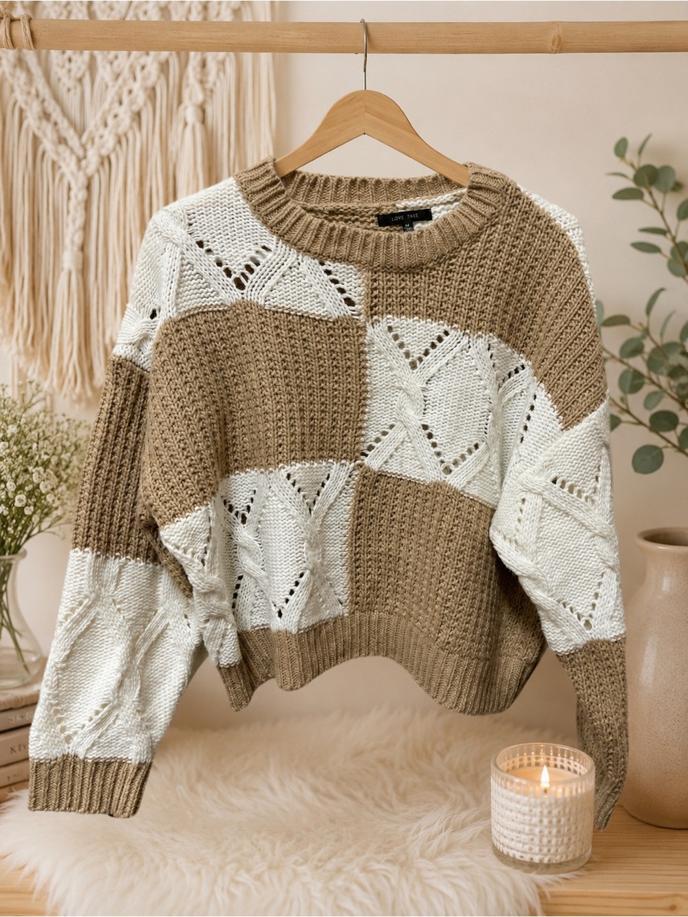 Chunky Colorblock Knit Sweater - Cream & Tan